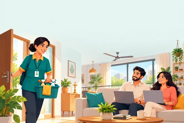 Illustration: a Trice partner in uniform, wearing a photo ID badge, arrives with cleaning supplies while a couple works from home