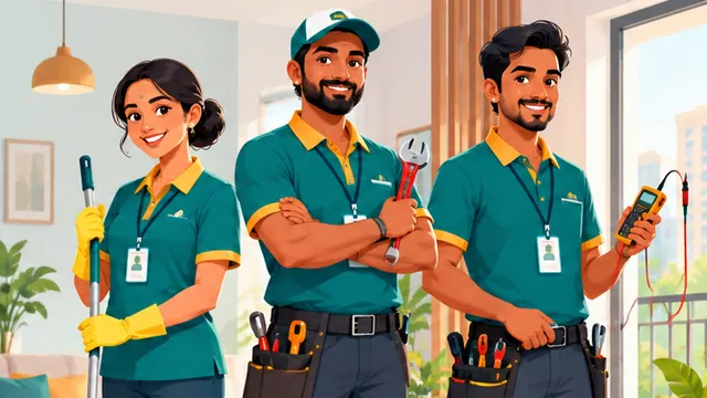 Illustration: Trice partners in uniform with photo ID badges: house help, plumber and electrician