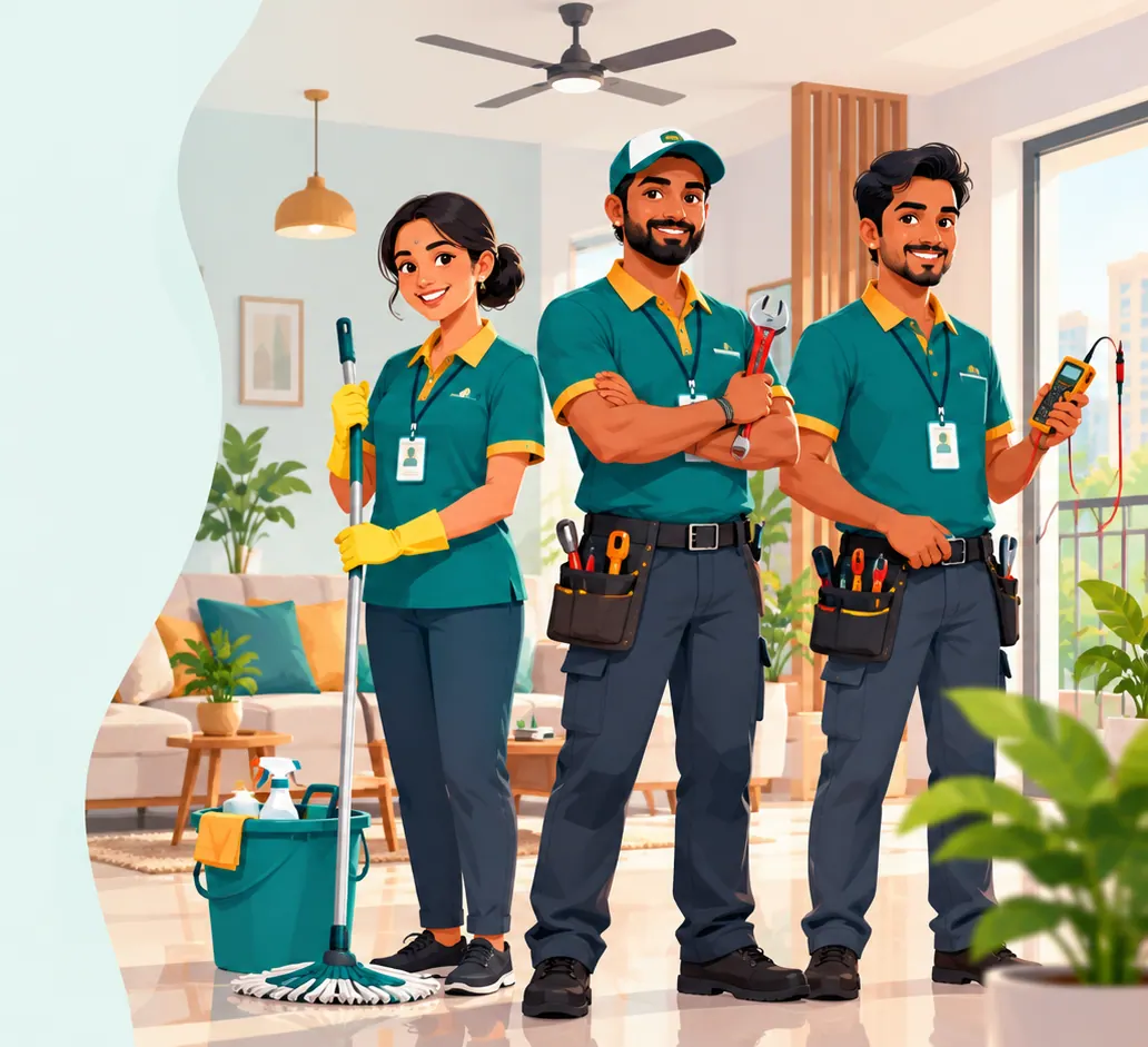 Illustration: Trice partners in uniform with photo ID badges: house help, plumber and electrician